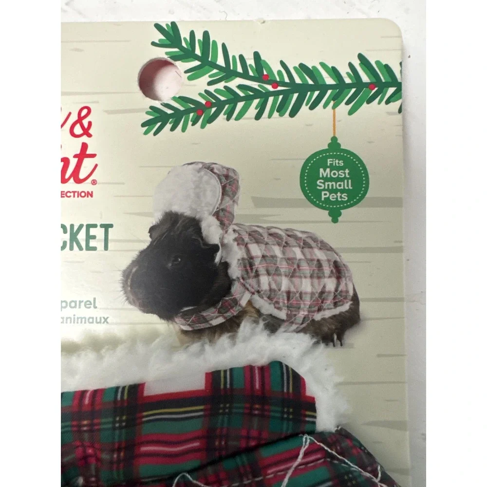 Merry & Bright Small Pet Puffer Jacket & Cap‎ Christmas Holiday Plaid Outfit